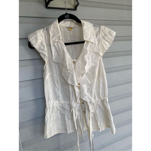 Anthropologie Leifsdottir Cream Ruffle Cap Sleeve Gold Button Blouse, Size 4 - Picture 1 of 7